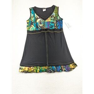 Bali Women's Black Sleeveless Tropical Front Zip V Neck Ruffle Hem Beach Dress L